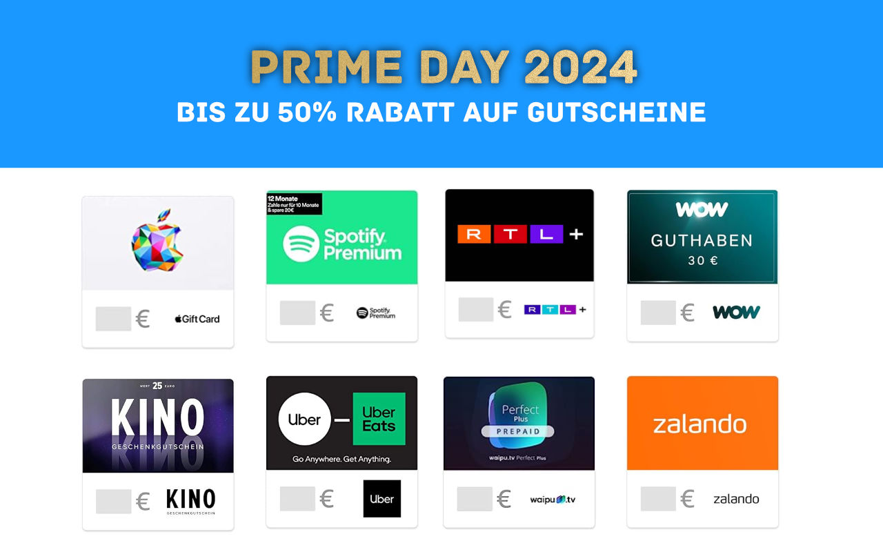 Spotify, Apple Guthaben, WOW, RTL+, waipuTV Gutscheine günstiger - Prime Day 2024